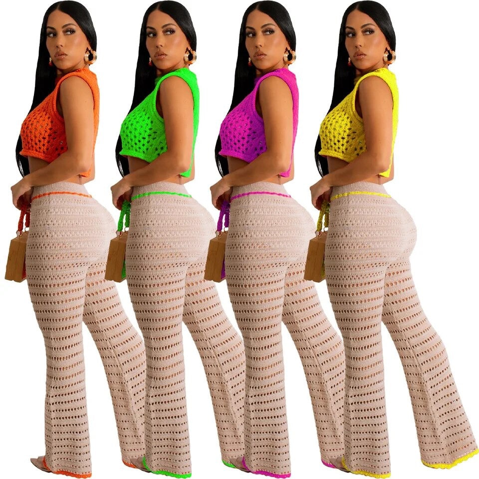 Unhinged Neon Pink Two Piece Crochet Pants Set