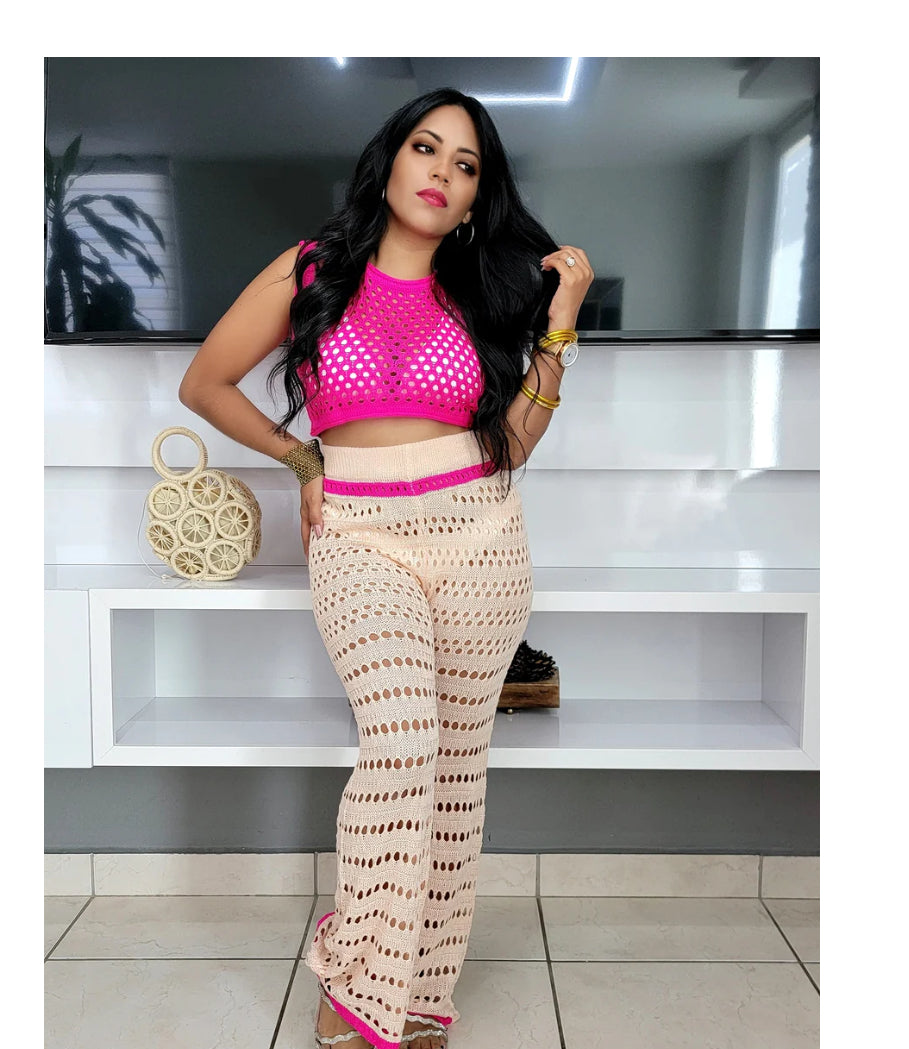 Unhinged Neon Pink Two Piece Crochet Pants Set