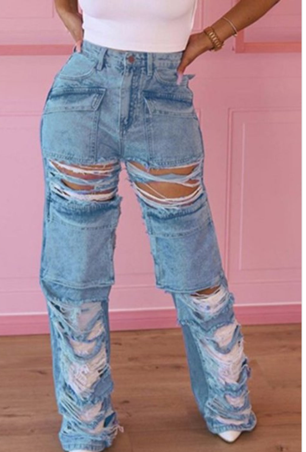 Jeans de mezclilla desgastados de talle alto (sin estiramiento)