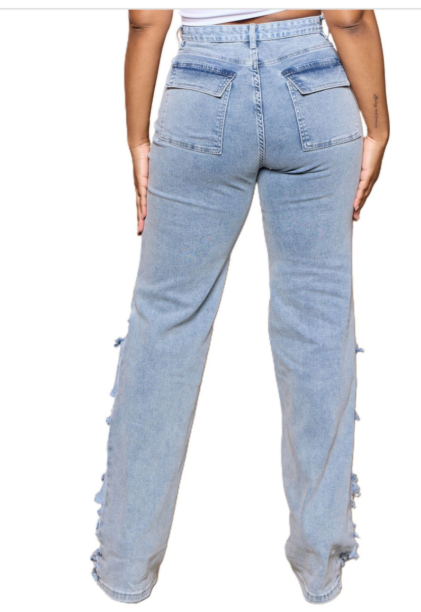 Jeans de mezclilla desgastados de talle alto (sin estiramiento)