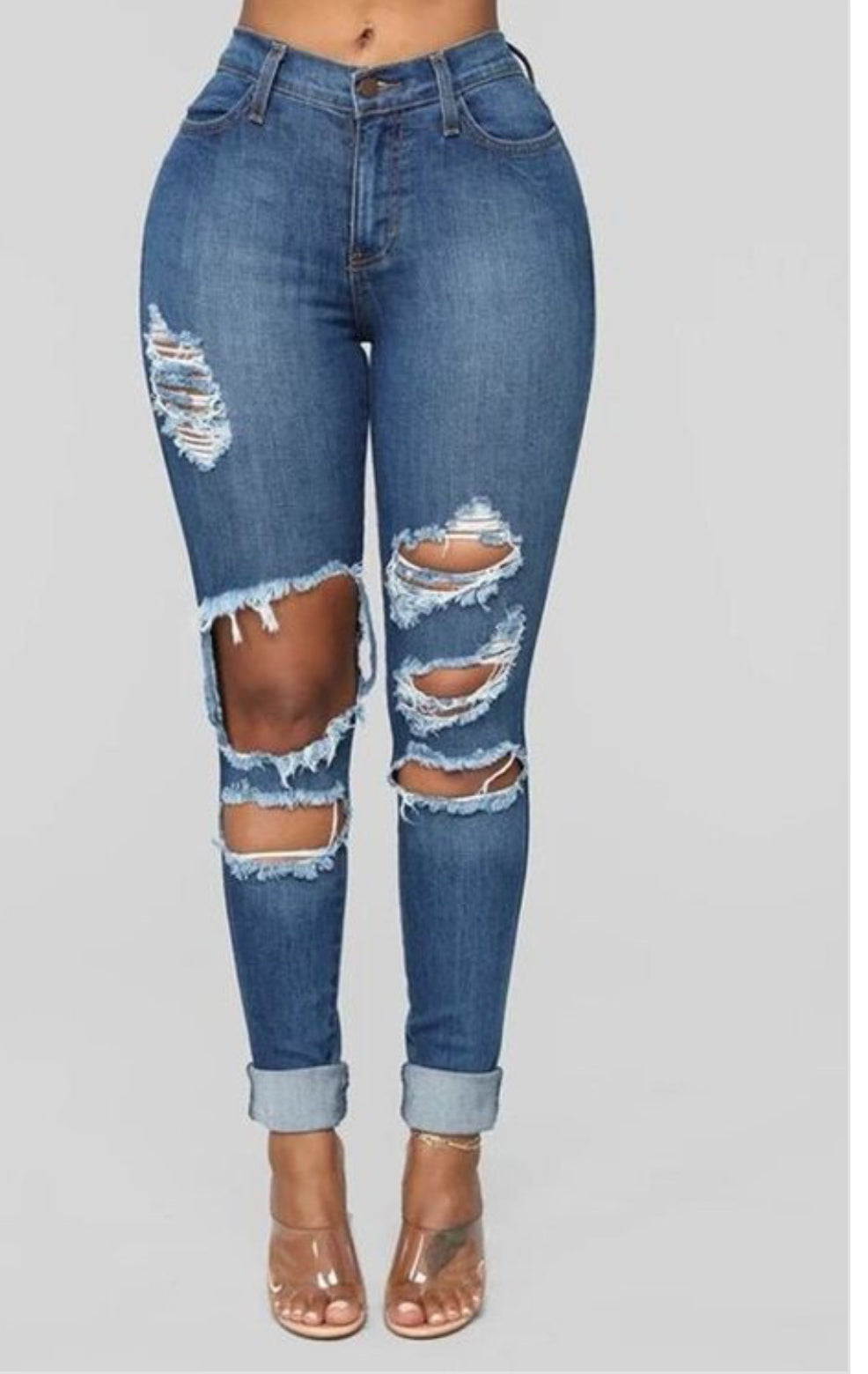 Vaqueros ajustados de talle alto con roturas de Denim Queen