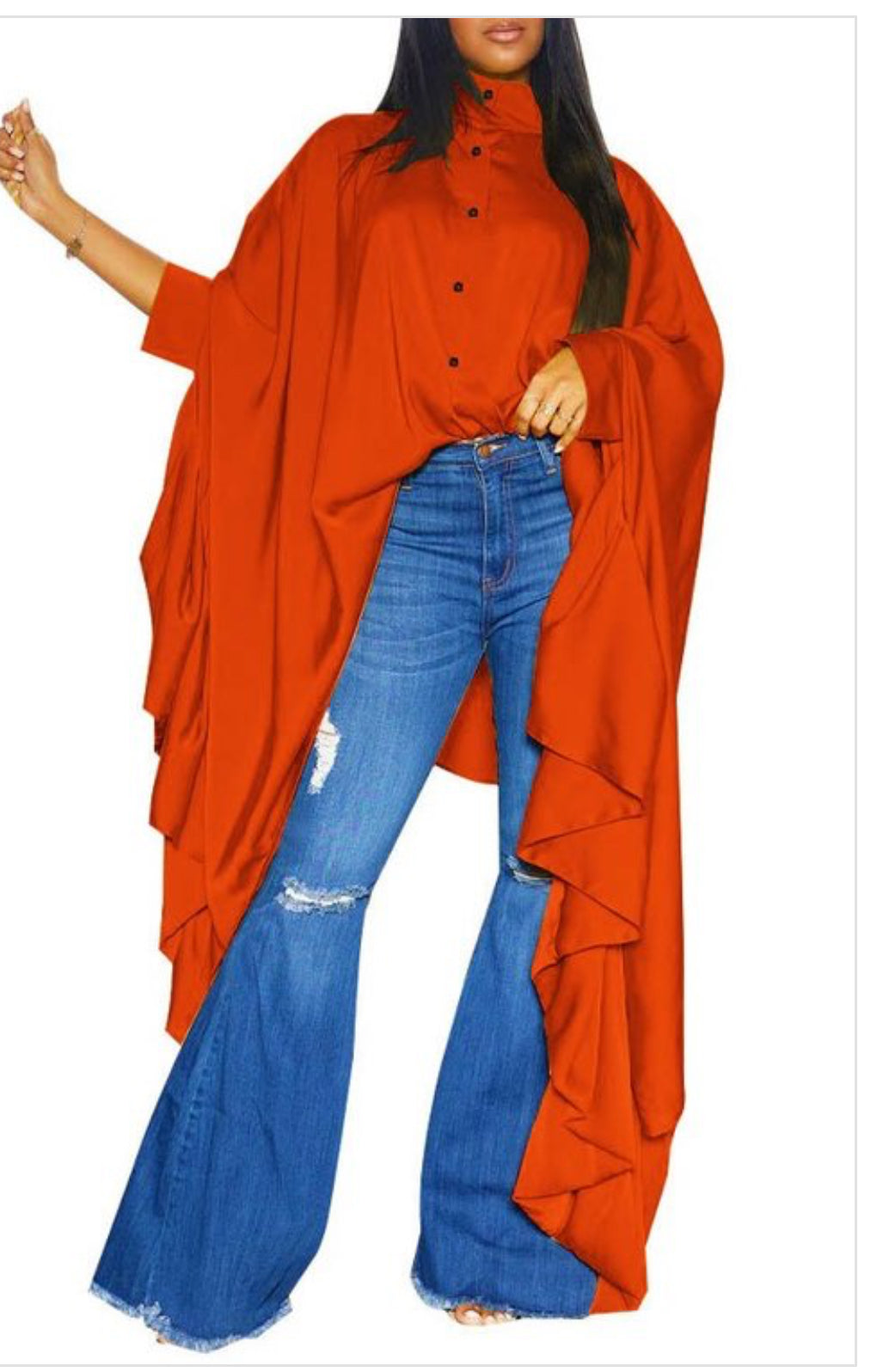 Solid Mock Neck Button Front Tunics, Elegant Batwing Sleeve Ruffle Trim Top, Women's Clothing