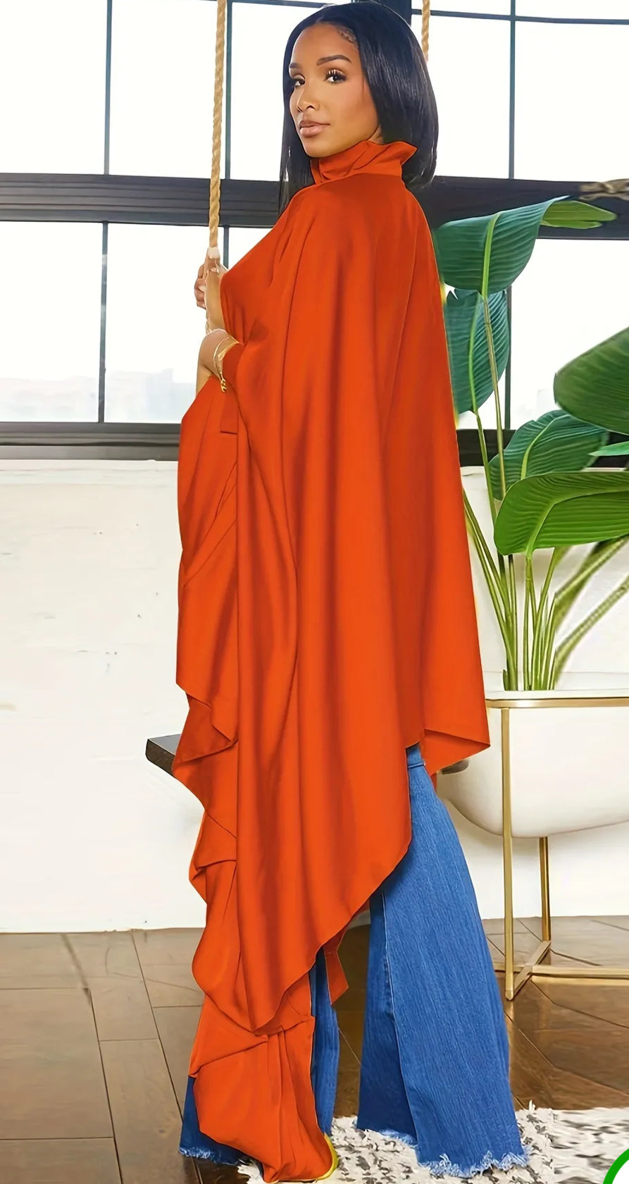 Solid Mock Neck Button Front Tunics, Elegant Batwing Sleeve Ruffle Trim Top, Women's Clothing
