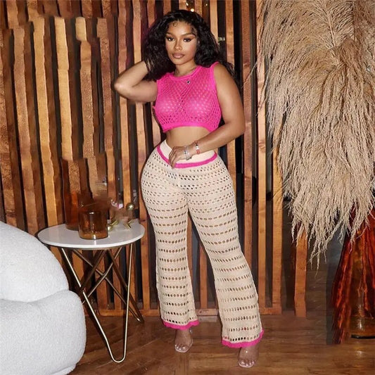 Unhinged Neon Pink Two Piece Crochet Pants Set