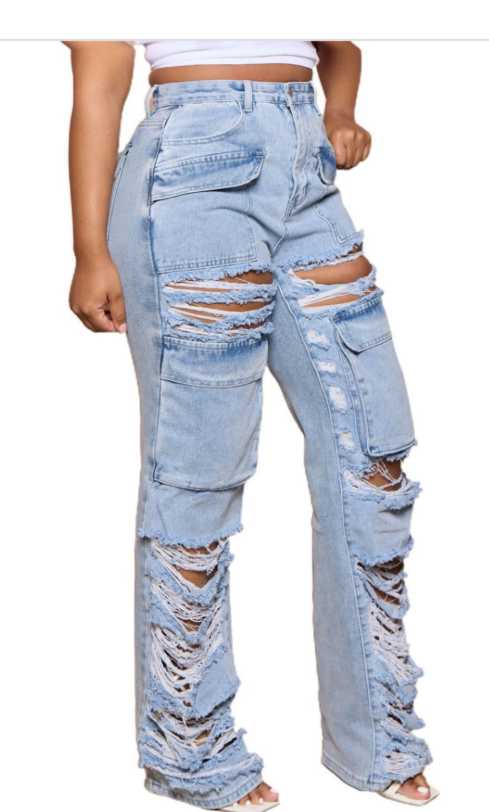 Jean en denim vieilli taille haute (non extensible)