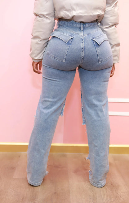 Jean en denim vieilli taille haute (non extensible)